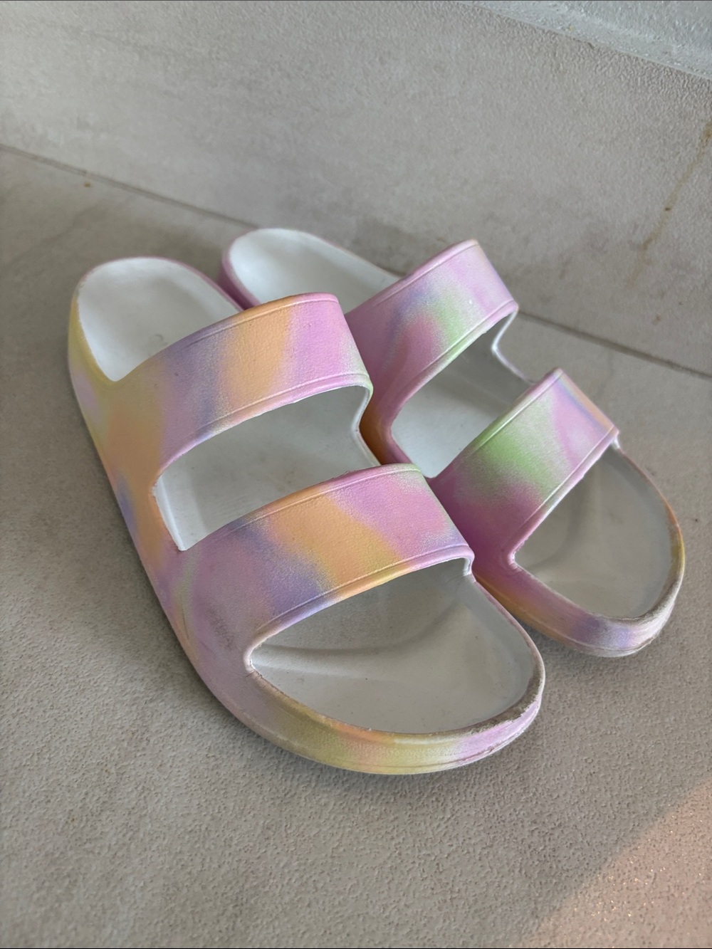 Old Navy Pastel Rainbow Double-Strap Slide Sandals - Pink/Yellow/Green